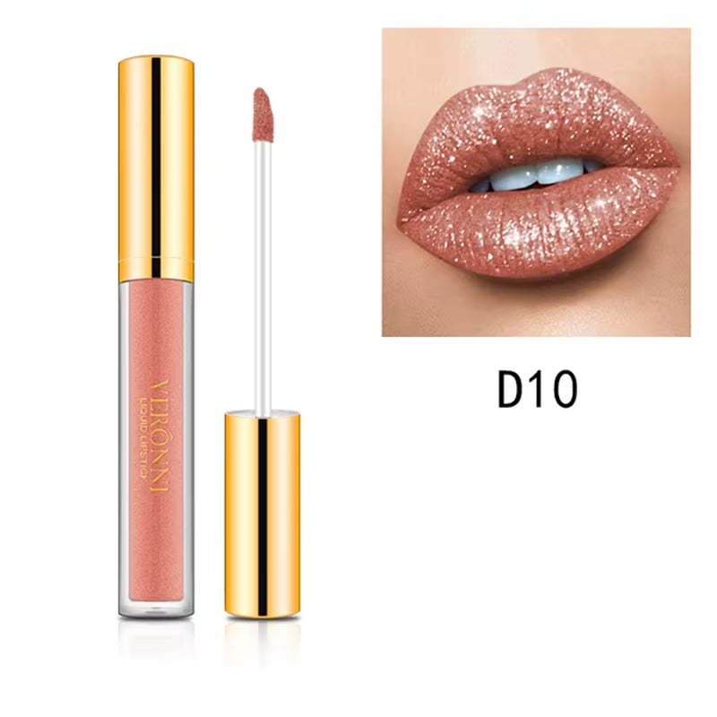 VERONNI Diamond Shine Lip Gloss – 10 Irresistible Shimmer Shades with Waterproof, Long-Lasting Metallic Velvet Finish